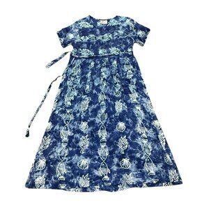 Vintage Y2K Club Mystique Blue Rayon Fish & Shell Print Midi Dress